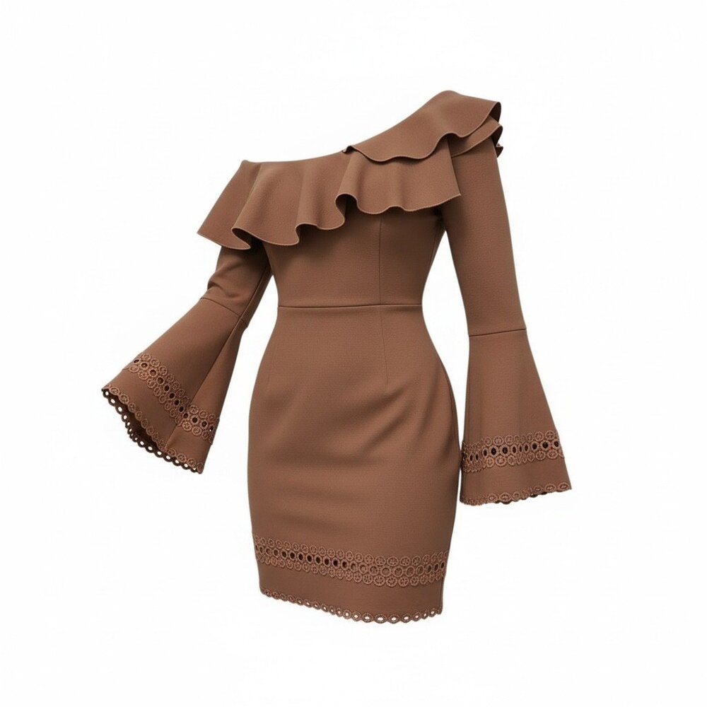 Nicolas Asymmetrical Neckline Nude Fitted Dress w Bell Sleeves, Brand New w Tags